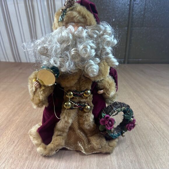 Vintage Santa Claus Figurine Tree Topper Burgundy Fur Coat Drum & Wreath Kmart - Picture 1 of 4